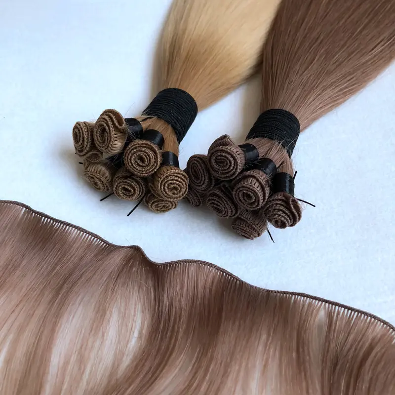 double drawn russian virgin remy full cuticle aligned human hair 100g blonde hand tied weft hair extensions