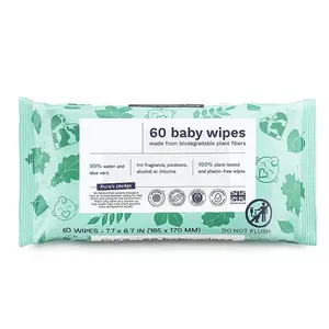 Toallitas para bebé, 100% toallitas húmedas sin plástico y a base de plantas, 99% agua, 1 paquete de 60 toallitas húmedas