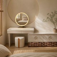 Ensemble de coiffeuse moderne blanche avec miroir LED rond, armoire de rangement et tabouret pour chambre à coucher