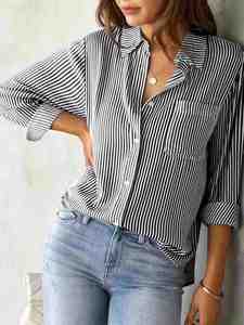 Blusa a Rayas con Cuello Redondo para Mujer, Primavera-Verano, Manga Larga, Holgada, Formal, Estilo Vintage, Elegante - Product Image 3