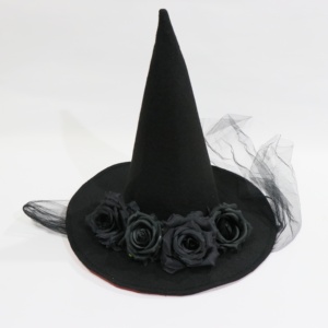 Sombrero de Bruja Negro Personalizado con Rosas y Tul, Gorro de Mago de Fieltro para Disfraz de Fiesta de Halloween, Mujer Adulta - Product Image 3
