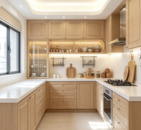 Ensemble d'armoires de cuisine en bois naturel moderne avec étagères ouvertes incurvées et éclairage LED pour la rénovation de la cuisine à domicile