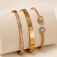 Bracelet manchette ouvert en or avec cœur en cristal pour femme, bijoux fantaisie, accessoires de mode pour usage quotidien, vente en gros