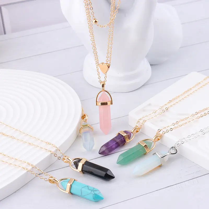 Hot Selling Natural Stone Bullet Hexagonal Crystal Pendant Necklace For Women And Men Gemstone Necklace