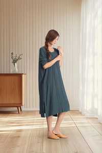 Robe smock en coton et lin personnalisée pour femme, douce et décontractée, idéale pour l'été, à manches mi-longues, grande taille, col en V, coupe trapèze, longueur maxi, avec ceinture - Product Image 4