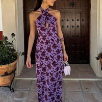 Nouvelle Collection Été – Robe Longue Femme Imprimée à Col Halter et Épaules Dénudées, Taille Haute, Fente Arrière, Motifs Plantes et Fleurs, en Polyester et Spandex
