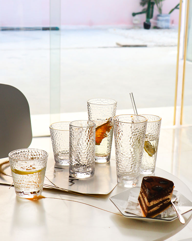 Multi size creative high capacity crystal drinking glasses Whiskey glass cups hammer pattern glass water glasses with gold rim