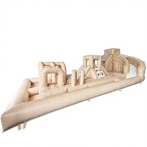 Parque acuático inflable color melocotón con tobogán, piscina, casa de brinco y pista de obstáculos - Product Image 1