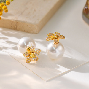 Pendientes de Perlas con Forma de Flor, Chapados en Oro de 14k, Microincrustaciones, Forma Redonda, Joyería de Moda para Bodas, EDB-004 - Product Image 1