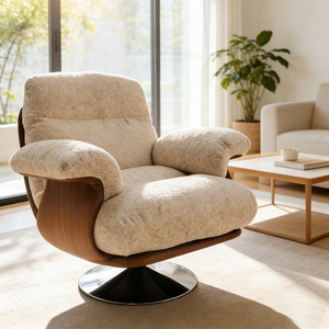 Bouclé-Stoff Drehbarer Freizeitstuhl Ergonomischer Akzent-Sessel mit Walnussrahmen für Wohnzimmer - Product Image 1