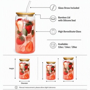 Premium Hitze- und Kältebeständige Borosilikatglas-Dosenförmige Klare Becher Mason Jars Bierglas-Becher mit Bambusdeckeln und Strohhalm - Product Image 3