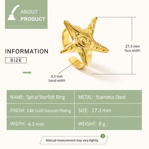 Anillo Ajustable de Estrella de Mar en Espiral, Acero Inoxidable, Chapado al Vacío en Oro de 14K, Diseño Texturizado y Audaz - Product Image 2