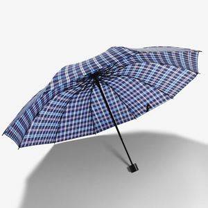 Factory Wholesale 10-Rib Checkered Umbrella Three-Fold Manual Reinforced <b>Folding</b> Umbrella Business Gift Rain Umbrella - Product Image 1