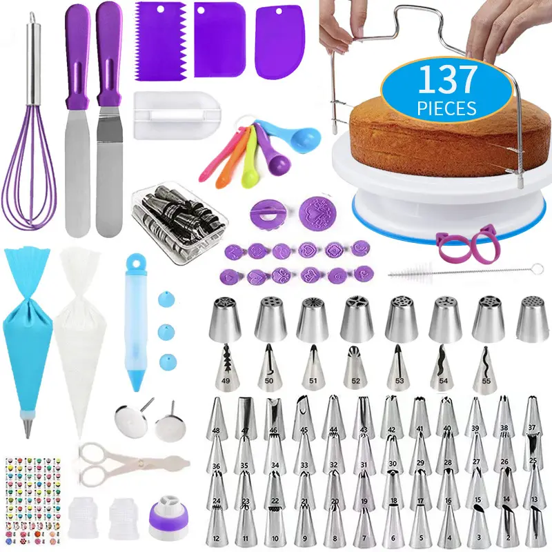 137 Pcs Cake Turntable Decorating Supplies Kit Tools Set with Icing Baking Nozzles Piping Bags Gadgets Cake Tools