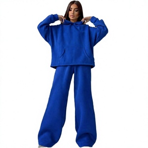 Conjunto de Sudadera con Capucha Larga de Forro Polar Lavanda para Mujer, Ajuste Holgado, Casual, de Dos Piezas, Sudadera y Pantalones de Color Sólido para Invierno - Product Image 1