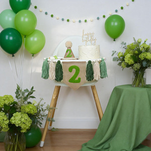Décorations pour le 2ème anniversaire d'un bébé garçon, bannière verte et blanche pour chaise haute, chapeau conique, décoration de gâteau en bois pour 2 ans (vert) - Product Image 2