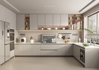 Fabricant de meubles, armoires de cuisine carrées modulaires en bois massif beige sur mesure, ensemble complet d'armoires de cuisine avec charnières, villa, appartement