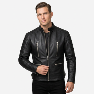 Veste de moto Cafe Racer en cuir véritable noir pour homme SAAR INDUSTRIES, matelassée, coupe ajustée, imperméable, coupe-vent, logo sur le devant, hiver - Product Image 1