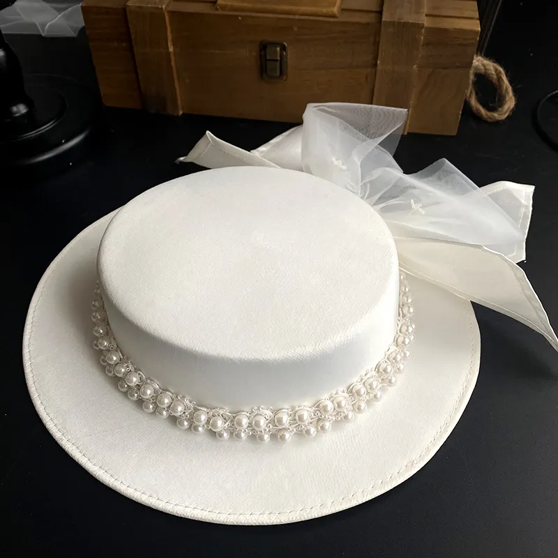 Элегантные Короткие шляпы в евро-американском стиле с большим бантом и жемчугом, свадебные женские шляпы для церкви, шляпы для вечеринок