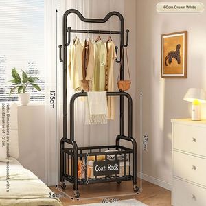 Porte-vêtements roulant en métal antirouille <span class=keywords><strong>pas</strong></span> <span class=keywords><strong>cher</strong></span> 360 °   Porte-manteau à double tringle sur roulettes silencieuses et verrouillables avec panier de rangement en maille et crochets latéraux - Product Image 4