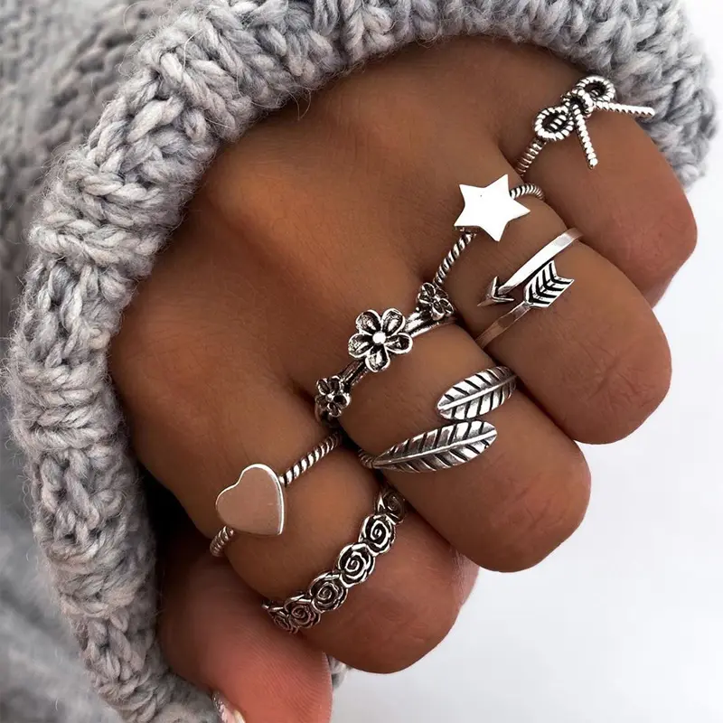 trendy vintage silver star heart flower finger rings set high quality silver color full finger knuckle rings for women