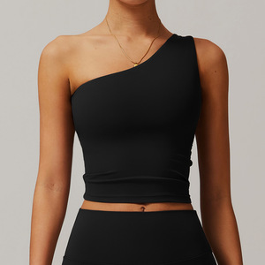 Camiseta sin mangas de entrenamiento de un hombro para mujer personalizada de secado rápido suave elástico con almohadillas cómodo Fitness Deportes gimnasio Yoga - Product Image 5