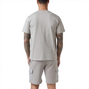 Ensemble t-shirt et short en coton gris pour homme, col rond, couleur unie, tenue décontractée d'été, 100% coton, ensemble d'été pour homme - Product Image 2