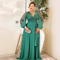 Robe de soirée élégante et amincissante pour femme grande taille, en mousseline de soie, avec patchwork de sequins, longue, à manches longues, col en V et taille haute