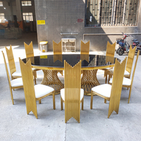 Table de salle à manger ovale en verre et acier inoxydable de luxe pour banquet de mariage, ensemble de table à manger noire avec 8 sièges