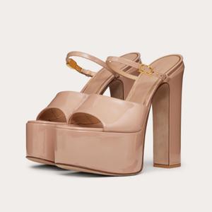Sandalias de Tacón Color Nude, Sandalias de Plataforma con Tacón Grueso para Mujer - Product Image 1