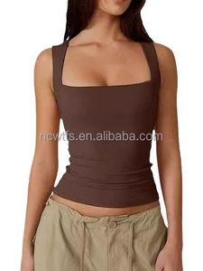 Nouveau débardeur d'été pour <span class=keywords><strong>femme</strong></span>, <span class=keywords><strong>noir</strong></span>, col carré, <span class=keywords><strong>sans</strong></span> manches, double couche, coupe ajustée, basique - Product Image 5