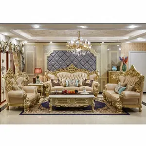 European Royal Luxury Classical Style Sofa Set Custom Genuine Leather Sectional With Antique Goldleaf Wood Living Room