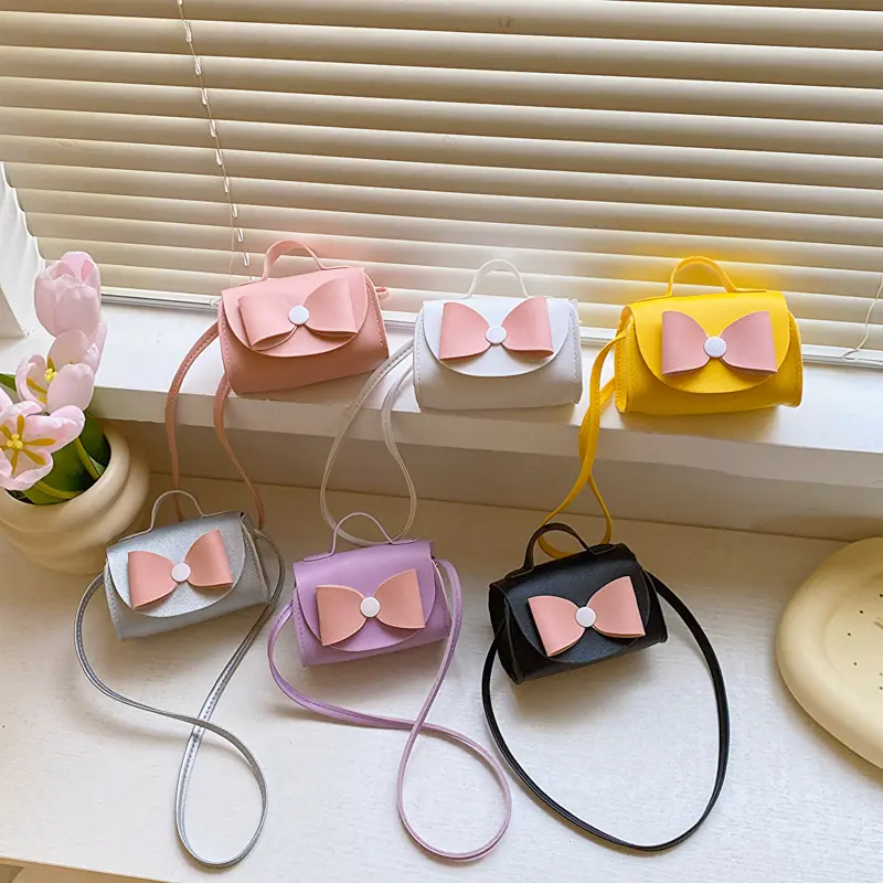 Korea Cute Pink Bow Pu Kids Purse Handbags Hot Sale Toddler Baby Girls Mini Crossbody Bags