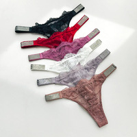 String sexy en dentelle avec strass pour femme, ultra-fin, transparent, culotte G-string pour femme avec entrejambe en coton