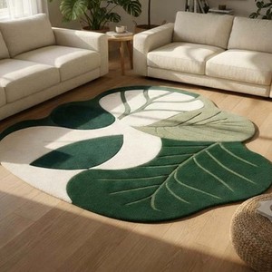 Alfombra con forma de hoja, alfombra irregular verde musgo, alfombra botánica estética hecha a mano para la decoración del hogar, sala de estar y dormitorio - Product Image 3