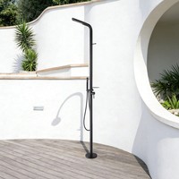Douche extérieure moderne en acier inoxydable 304 noir mat avec étagère intégrée pour piscine, jardin, cour, alimentation en eau chaude et froide
