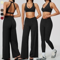 Ensemble de sport pour femme couleur unie : Soutien-gorge de sport dos évidé, Legging de yoga taille haute à coupe croisée en V et Pantalon large pour l'entraînement et le fitness