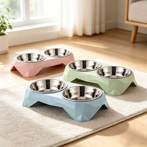 Stainless Steel Pet Bowl Double <b>Feeder</b> For <b>Cats</b> And Dogs Elevated Diamond Shape Food And Water Dish - Product Image 1