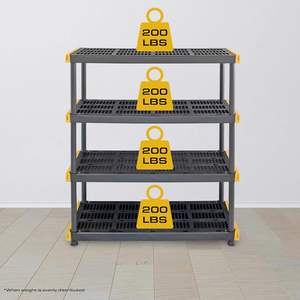 Black and yellow 4-tier heavy-duty <b>plastic</b> storage rack, suitable for garages and basements, with a modular design - Product Image 3