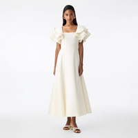 Nuevo Vestido de Fiesta Elegante de Moda para Mujer, Color Blanco Hueso, Cuello Cuadrado, Manga con Volantes, Adorno de Perlas, Corte en A, Crepé, Largo Midi, Personalizado