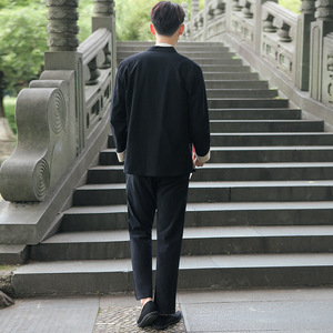 <span class=keywords><strong>Traje</strong></span> Tang Estilo Chino para Hombre, Conjunto de Tres Piezas, Diseño Sólido, Manga Larga, Cuello Alto, para Banquetes, Algodón y Lino, Primavera-Otoño - Product Image 4