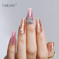 Nailway Faux ongles en acrylique longs forme cercueil/ballerine, couleur rose brillante, couvrance totale, réutilisables, à coller, effet œil de chat, à presser