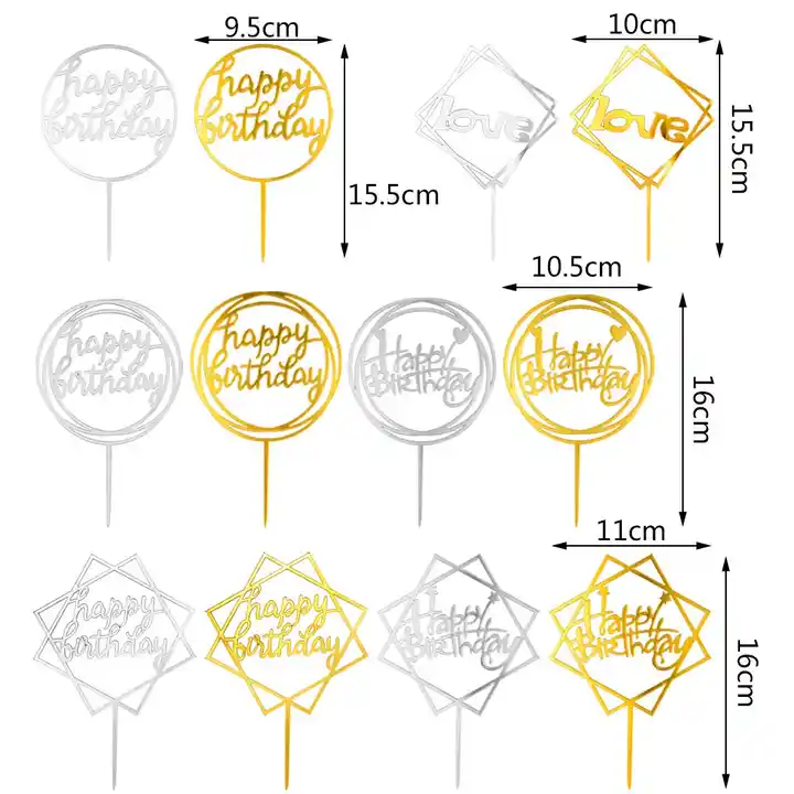 Happy Birthday Cake Toppers Double Sided Acrylic Mirror Gold Cake  Decorations Strip Lights for Birthday Party