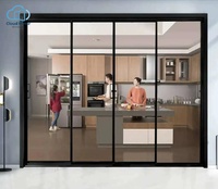 Portes pliantes ultra-minces en aluminium noir à grille horizontale à 4 panneaux, verre transparent moderne, pour la séparation intérieure de la salle à manger et de la cuisine