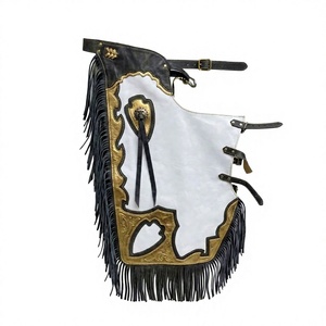 Pantalones de montar de cuero genuino blanco y negro personalizados, estilo vaquero occidental, con adornos metálicos dorados y conchos plateados, de resistencia media. - Product Image 1