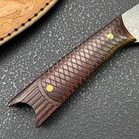 Couteau à lame fixe en acier Damas, manche en bois intégral, étui en cuir, couteau de camping, de chasse et EDC pour l'extérieur