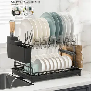 2024 Newest Household 2 Tier Rustproof Dish Drying Rack With Cup Storage Holders For Kitchen