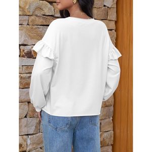 Fisoew Sweat-shirt à col rond pour femme, manches longues, volants, coupe ample, pull court, tenue décontractée d'automne - Product Image 6
