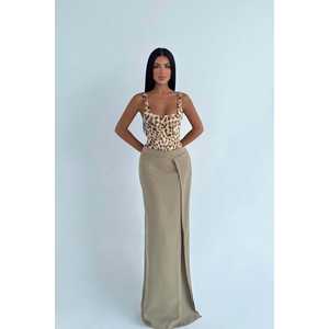 Empire Waist Satin <b>Pencil</b> Wrap <b>Skirt</b> for Cream <b>Slit</b> Detail Satin Spandex Material Bow Ruffle Decorations Natural Waistline Size - Product Image 2