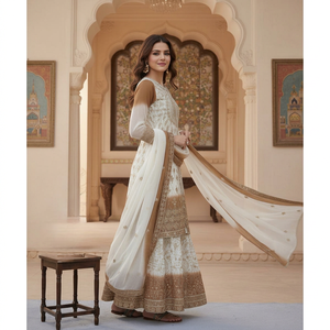 Ensemble Salwar Kameez en Soie Dorée Ombrée Crème pour Femme, Tenue Traditionnelle Indienne et Pakistanaise, Idéal pour Mariages et Fêtes, Longueur Ras du Sol, Coupe Classique - Product Image 1